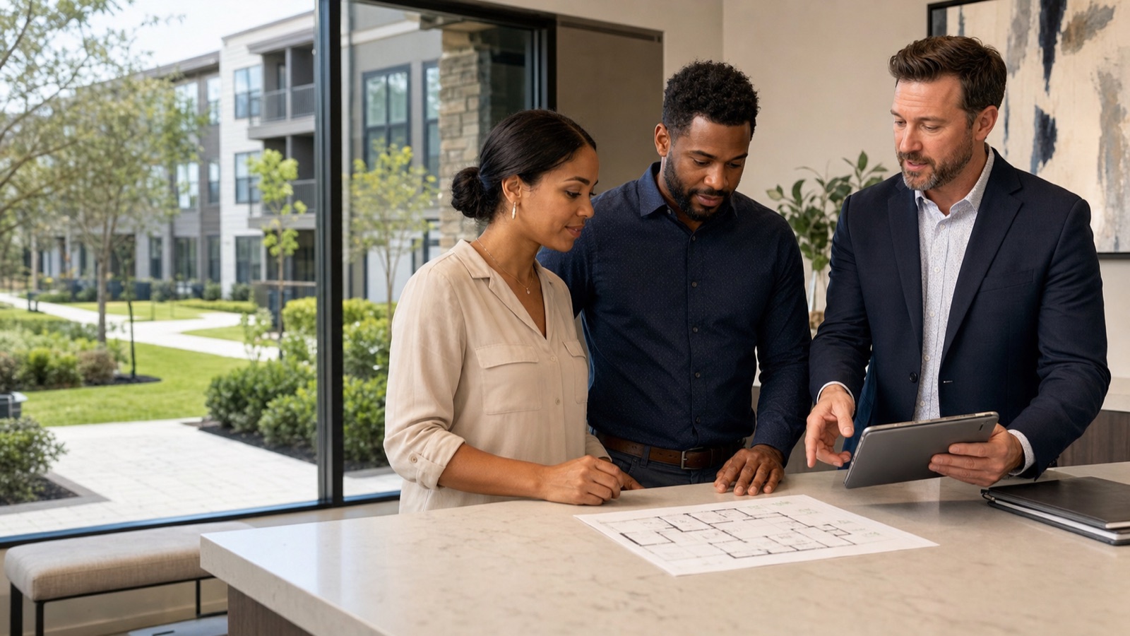 Property advisor reviewing a building plan with owners