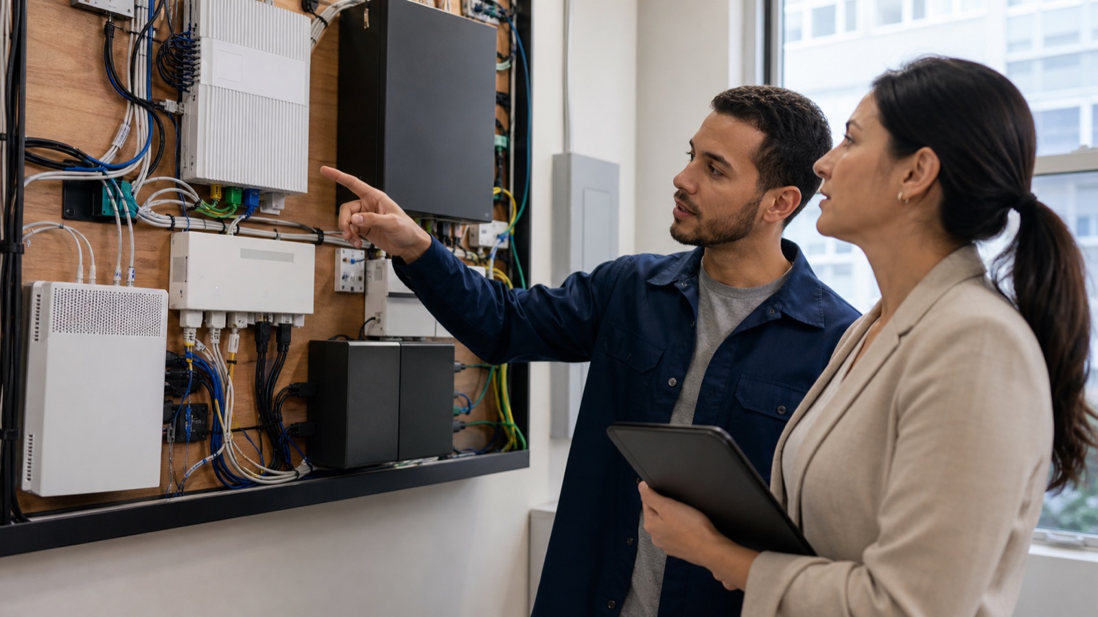 Technician and property manager reviewing multifamily telecom infrastructure