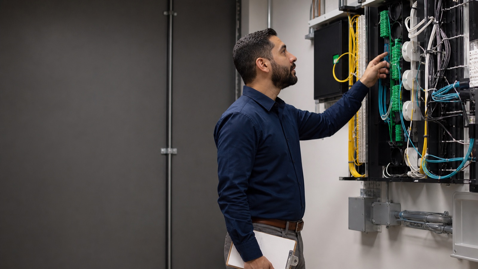 Technician reviewing fiber infrastructure in a multifamily telecom room